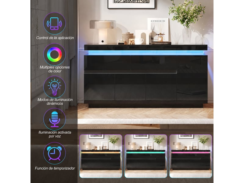  Buffet bas 140 x 35 x 72,5 cm avec éclairage led, 4 portes, 2 tiroirs, plateau et façade brillants, noir  - Conforama D