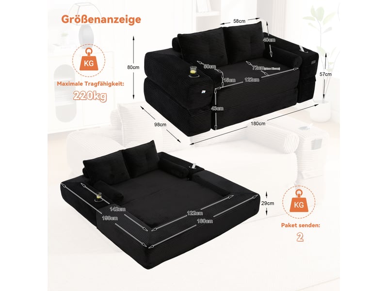  Canapé convertible 2 places 180x98x80 cm en velours côtelé avec porte-gobelet noir chicfurn  - Conforama D