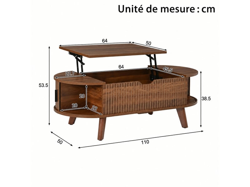 Table basse ovale à plateau relevable avec rangement, 110 x 50 cm, couleur noyer - Conforama C