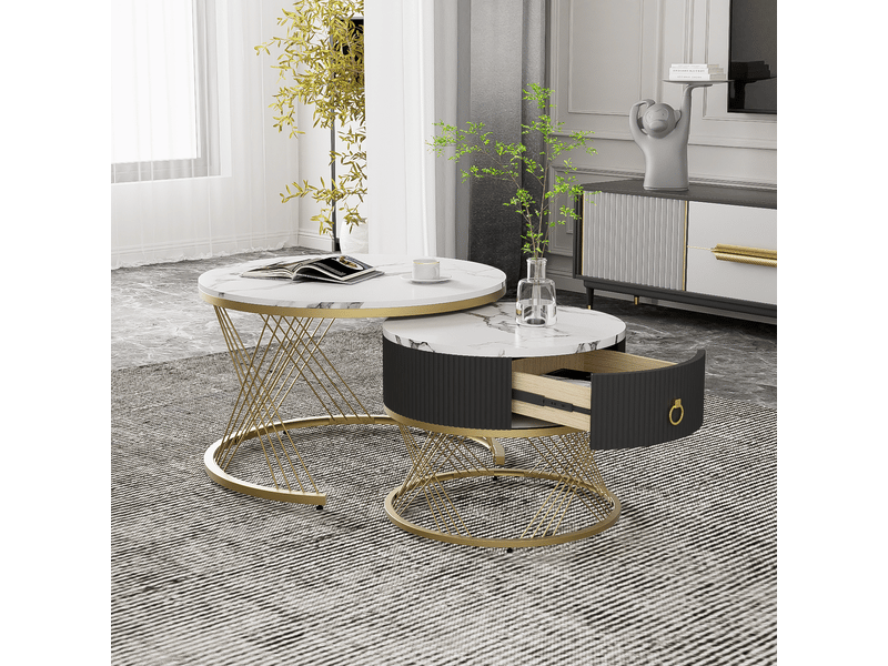  Lot de 2 tables basses rondes 70x70x45 cm + 50x50x40 cm motif marbre, blanc et doré  - Conforama W