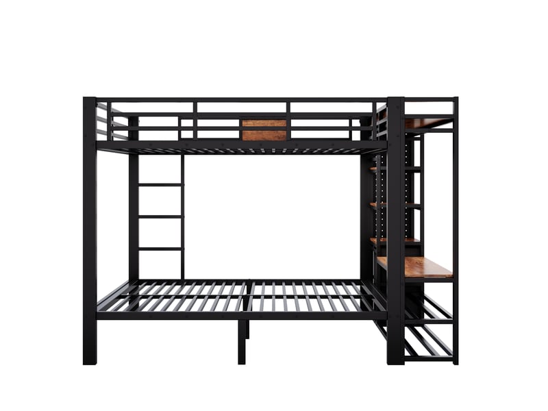  Lit superposé métal noir et bois 2 x 120 x 200 cm, armoire, penderie, panneau perforé, tiroirs tissu et échelle  - Conforama E