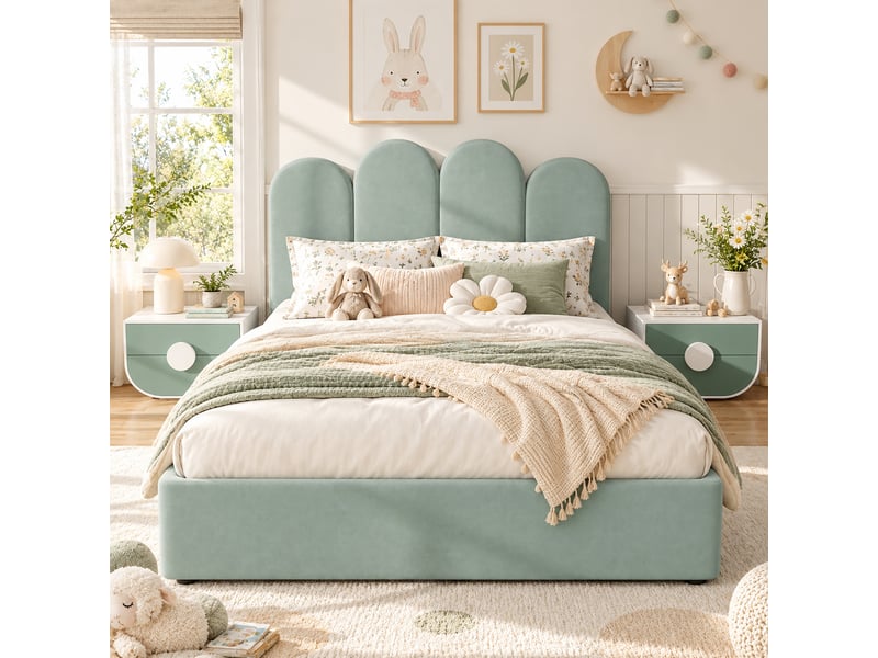  Lit rembourré pour enfants 140x200cm - avec 4 tiroirs - avec sommier à lattes - tissu velours - vert clair (sans matelas)  - Conforama D