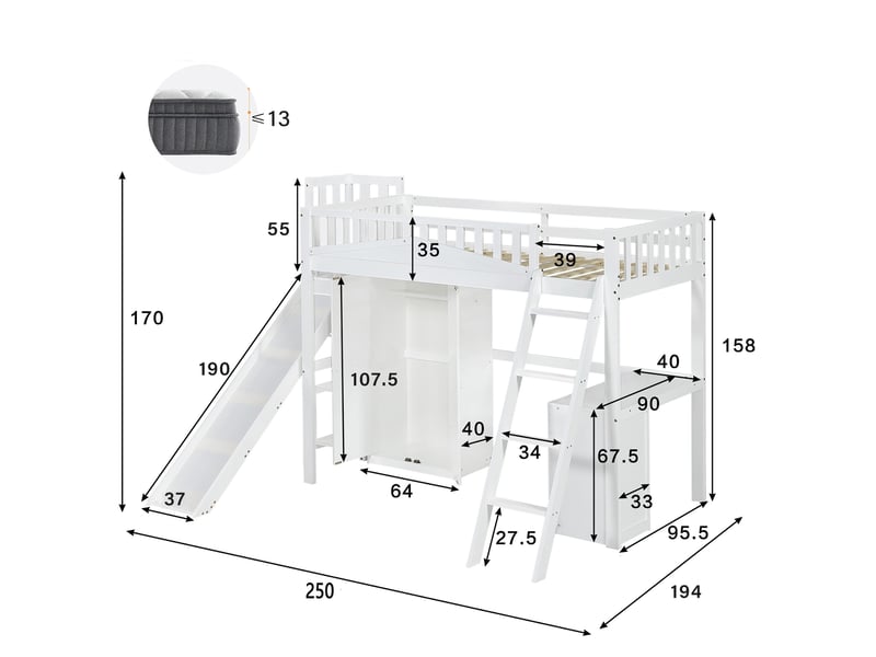  Lit mezzanine 90x200 cm, lit enfant avec toboggan bureau et armoire intégrée, gain de place en bois de pin et mdf, blanc  - Conforama E