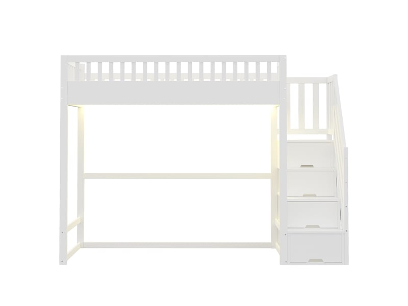  Lit mezzanine en pin massif blanc 90x200 cm, échelle réversible, barrières de sécurité et led  - Conforama A