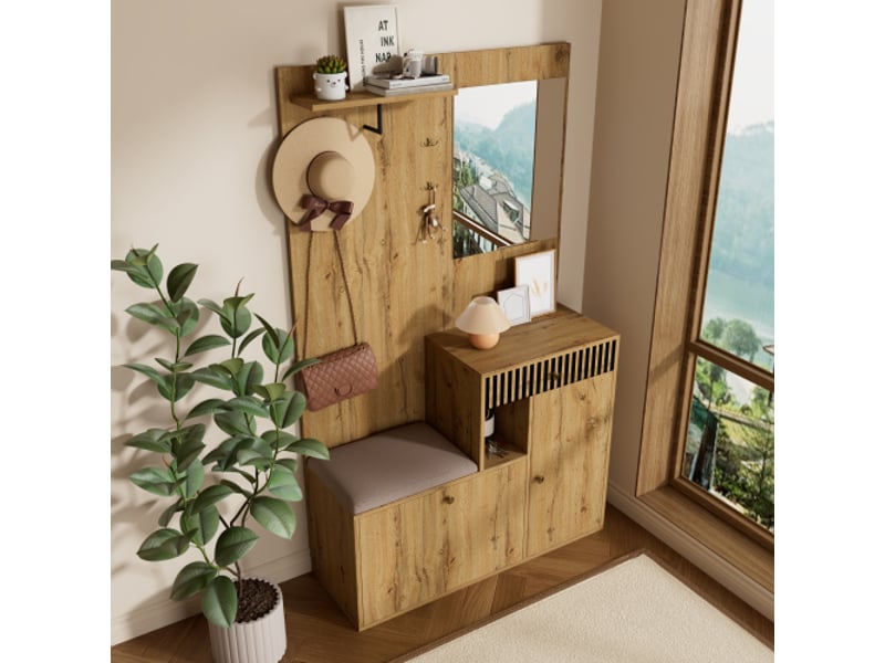  Ensemble dressing compact pour couloir – miroir, armoire, étagère, panneaux d'entrée, meuble à chaussures 110×185,5×37  - Conforama D