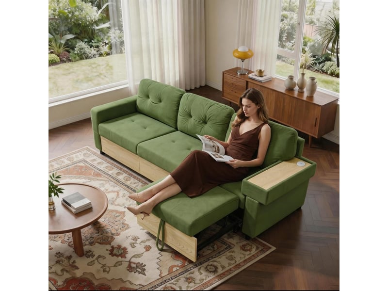  Canapé d'angle 3 places, méridienne, port usb, rangement, accoudoir plateau bois, velours vert, sans montage DA001-SOFA-GREEN-L - Conforama D