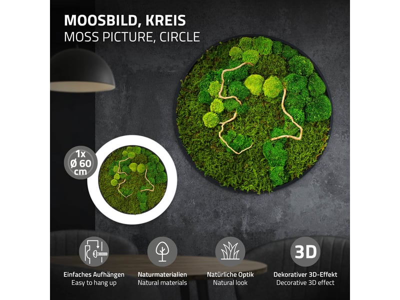  Ecd germany tableau végétal mural, mélange de mousses stabilisées et de branches, cadre en mdf rond ø 60 cm, vert, décoration d'intérieur véritable effet 3d, sans arrosage ni entretien, pièce unique ECD Germany GmbH - Conforama B