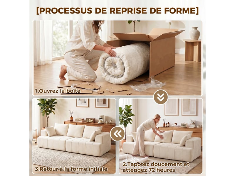  Canapé 3 places en chenille 248 cm, canapé salon moderne, large assise rembourrée, beige, coussins à ressorts  - Conforama W
