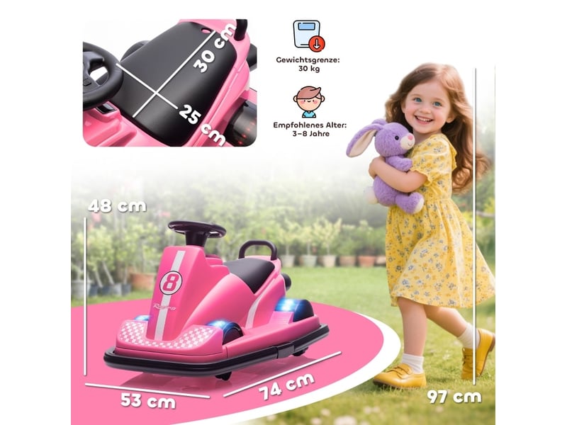  Auto-tamponneuse pour enfants 74x53x48 cm 360°, volant, led, musique, métal, rose  - Conforama E