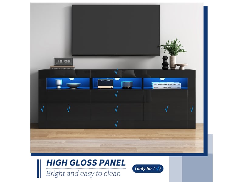Meuble tv avec 2 portes, 2 tiroirs, 3 niches, éclairage led connecté et façade brillante, noir, 160×35×60 cm - Conforama E