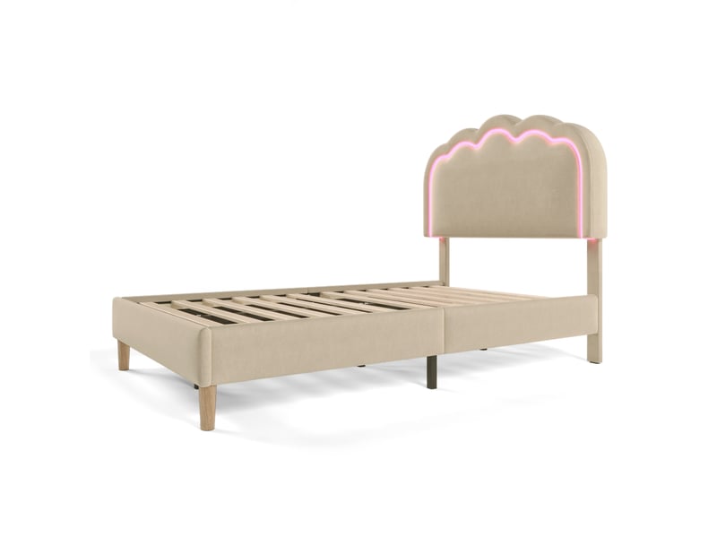  Lit simple rembourré en tissu lin beige 90 x 200 cm, tête réglable, sommier à lattes et led  - Conforama E