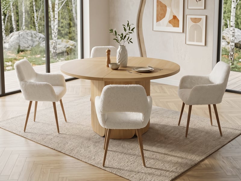 Ensemble table ronde 120x120 cm + 4 chaises mi-siècle en fausse fourrure, pieds acier laqué – style scandinave, couleur chêne - Conforama B