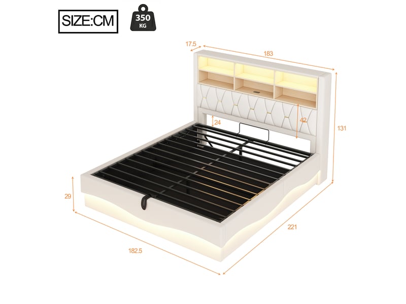  Lit coffre 180 x 200 cm beige avec led, port usb et rangement hydraulique  - Conforama E