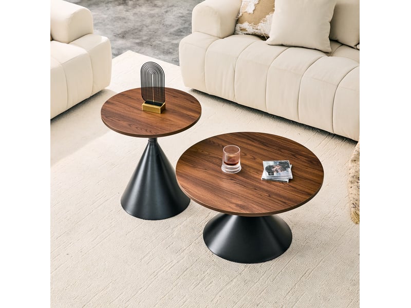  Tables basses gigognes set de 2 avec plateaux coniques, en mélamine effet noyer et métal noir pour salon  - Conforama C