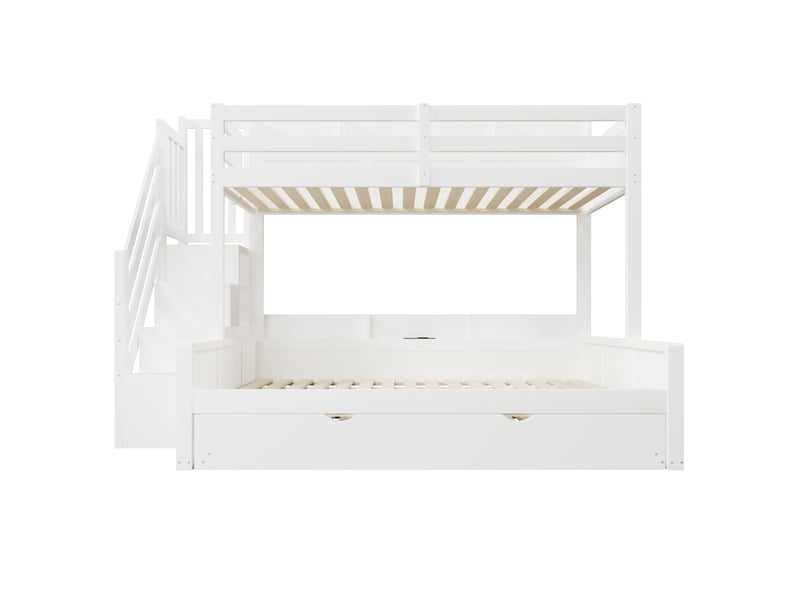  Lit superposé multifonction en bois massif, 90x200 cm + 140x200 cm, avec lit gigogne, port usb et rangements intégrés, blanc  - Conforama A