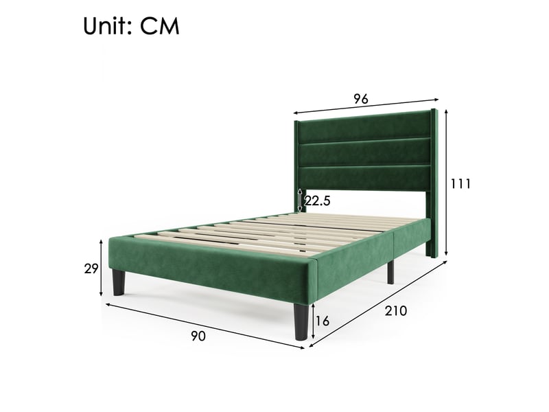  Modenvie lit 1 place 90x200 cm - tête de lit rembourrée en velours, sommier à lattes inclus, sans matelas - vert  - Conforama C