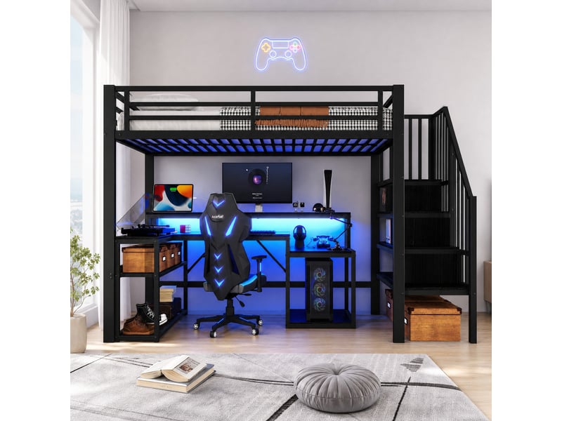  Lit mezzanine 200x90 cm en métal, lit simple avec bureau, escalier avec rangement, usb et led, sans matelas, noir  - Conforama B