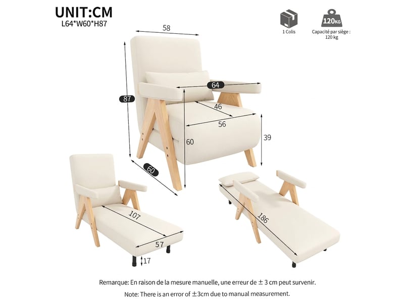  Fauteuil convertible 3 en 1 canapé-lit simple en lin, dossier réglable, gris  - Conforama E