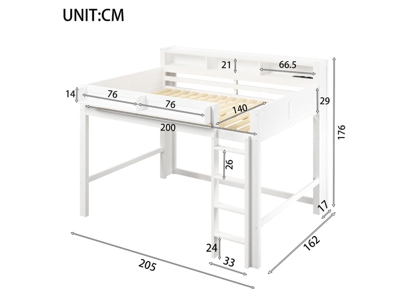  Lit mezzanine 140x200cm - avec 3 niches de rangement - led et port usb - structure pin et mdf - blanc Bubbly Shop - Conforama D