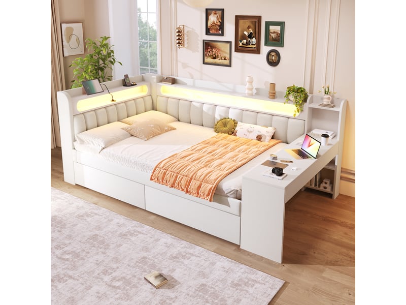  Lit avec rangement 140x200 cm coloris blanc led mdf lit enfant blanc - Conforama E