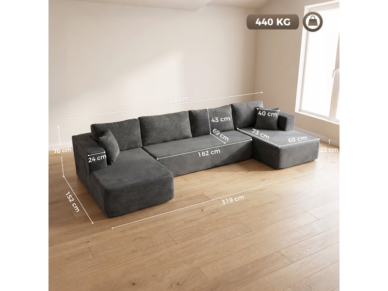 Canapé modulaire en u 4 places, 2 méridiennes, canapé 2 places, 6 coussins, sans montage, gris, 369 x 152 x 78 cm - Conforama C