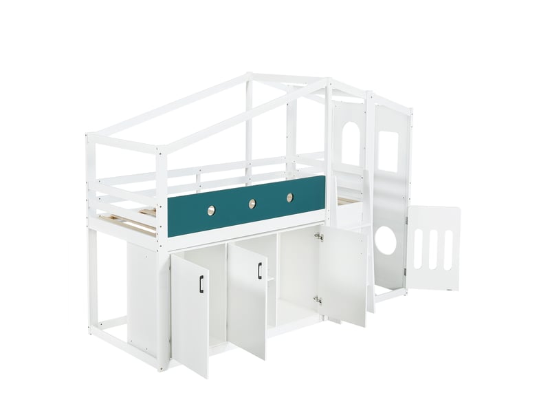  Lit mezzanine mi-hauteur 90x200 cm en forme de maison, en bois, avec espace de jeu, armoire de rangement et échelle – lit fonctionnel gain de place pour chambre d'enfant  - Conforama E