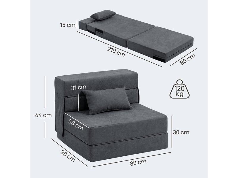  Chauffeuse convertible 1 place avec coussin tissu gris foncé 80x80x64 cm  - Conforama C