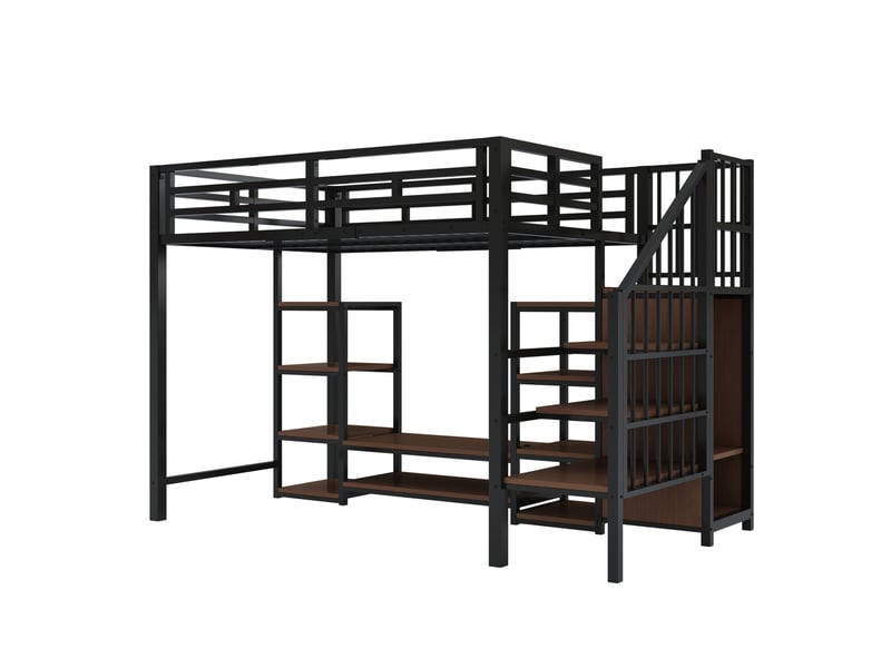  Lit mezzanine 90x200 cm – noir – mezzanine avec support tv, prise, rangement, métal et mdf - sans matelas  - Conforama D