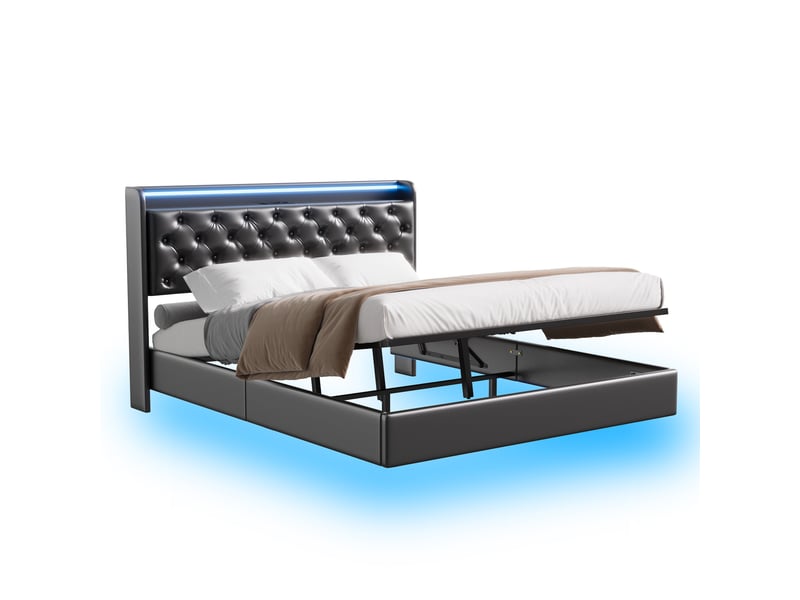 Lit coffre 160x200cm - lit double 160x200 - rembourré simili cuir avec éclairage led rgb, usbtype-c & tête capitonnée - noir - Conforama A