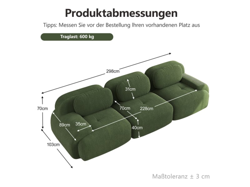  Canapé 3 places en velours côtelé premium, sans cadre, modulable, antidérapant, sans montage, accoudoirs ergonomiques - vert  - Conforama D