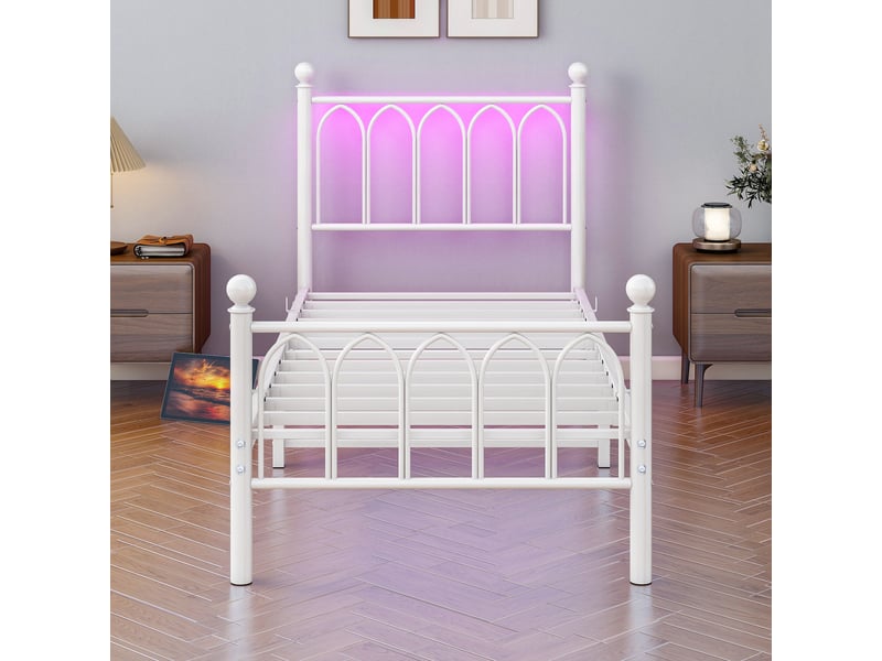 Cadre de lit, lit enfant 90x200 cm, rangement intégré, led, usb, sommier à lattes, métal blanc - Conforama W
