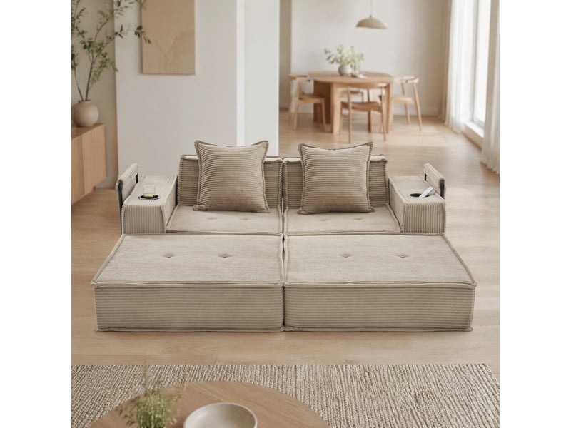  Canapé droit modulable 2 places en velours côtelé kaki avec 2 coussins et poches latérales pratiques  - Conforama B
