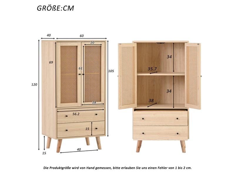  Buffet haut 60x40x120 cm avec 2 portes cannage rotin et 2 tiroirs, meuble de rangement en bois, commode moderne pour salon - chêne  - Conforama E