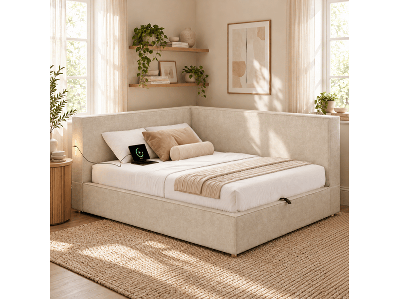  Lit avec rangement - lit jeune beige chenille 140x190 cm, rangement hydraulique et confortable  - Conforama D