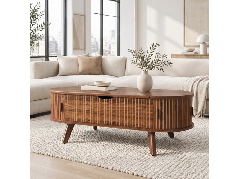  Table basse ovale relevable avec rangement et portes coulissantes - lpospi - mdf noyer 110 × 50 × 53,5 cm  - Conforama B