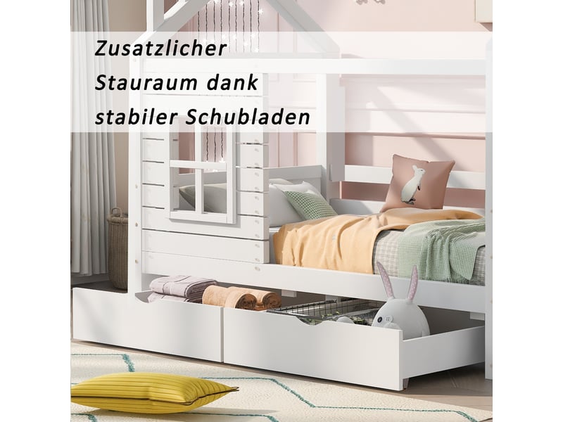  Lit cabane enfant 80x160 bois de pin massif blanc avec barrière et tiroirs pour filles et garçons  - Conforama D