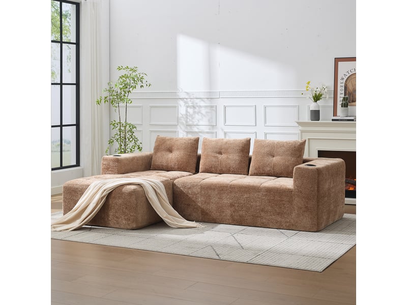 Canapé d'angle marron clair en l 258 cm - tissu chenille 3 places avec porte-gobelets - Conforama R