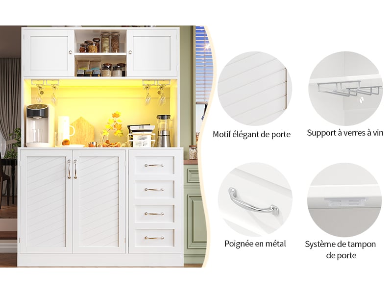  Buffet de cuisine avec éclairage led vaisselier rangement 4 portes 2 tiroirs en mdf 120x40x188cm N620GG260112W - Conforama E