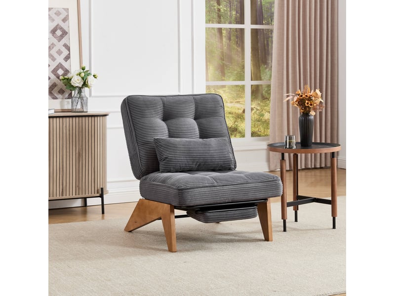  Fauteuil relaxant en velours côtelé gris foncé avec repose-pieds, dossier réglable, coussin lombaire et pieds en bois  - Conforama C