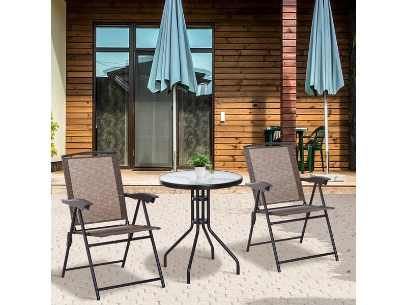 Ensemble table + 2 chaises, jardinterrasse, pliante dossier 4 positions, textilène, acier, marron. - Conforama C