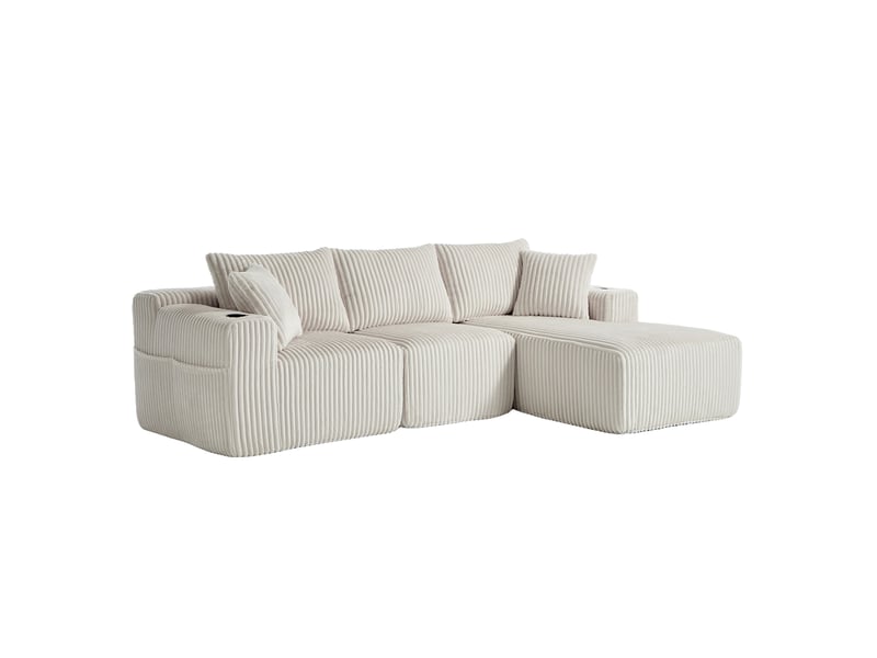 Canapé modulable 257 x 90-160 x 62 cm, méridienne, module 2 places, 5 coussins, porte-gobelets, poches latérales, velours côtelé, beige Bliss Lite - Conforama A
