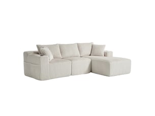 Canapé modulable 257 x 90-160 x 62 cm, méridienne, module 2 places, 5 coussins, porte-gobelets, poches latérales, velours côtelé, beige