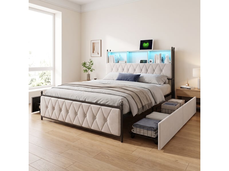  Lit avec 4 tiroirs 180x200, lit double avec éclairage led, lit adulte, tête de lit rangement et ports usbtype-c, cadre de lit en métal et bois, scandinave, velours, beige  - Conforama B
