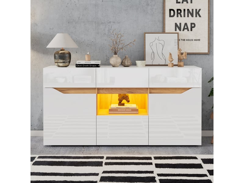  Buffet, 140x40x70 cm, armoire de rangement avec 2 portes et 4 tiroirs, éclairage led, blanc  - Conforama D