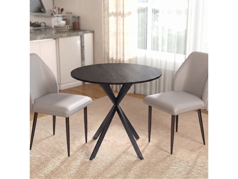 Table à manger ronde pour 2 personnes avec plateau aspect bois et piètement croisé en acier, noir - Conforama A