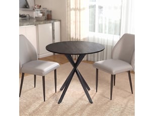 Table à manger ronde pour 2 personnes avec plateau aspect bois et piètement croisé en acier, noir