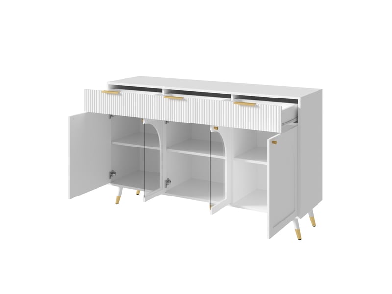  Buffet 140 x 40 x 85,5 cm, 4 portes transparentes en acrylique, 3 tiroirs et grand rangement pour salon, poignées métal, pieds bois, blanc ABC - Conforama D