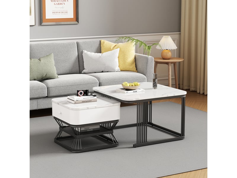  Lot de 2 tables basses gigognes carrées effet marbre brillant avec 1 tiroir, structure métal noir, blanc et noir  - Conforama D