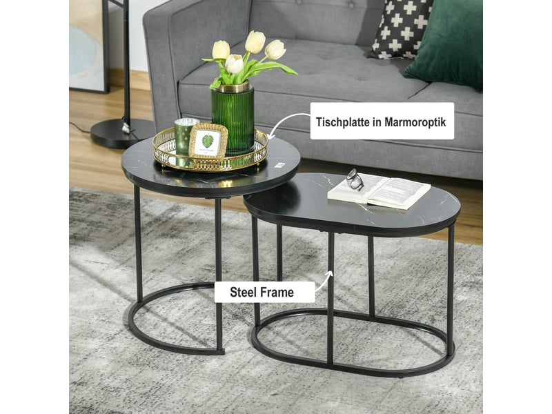  Tables basses gigognes avec plateaux rond et ovale empilables, pieds réglables, effet marbre en acier noir  - Conforama C