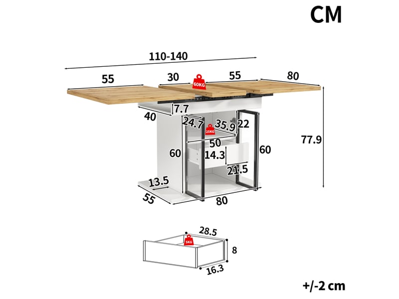  Table à manger extensible, 110x80x77,9 cm, avec espace de rangement, repas, plateau mdf, piètement métal, coloris blanc  - Conforama C